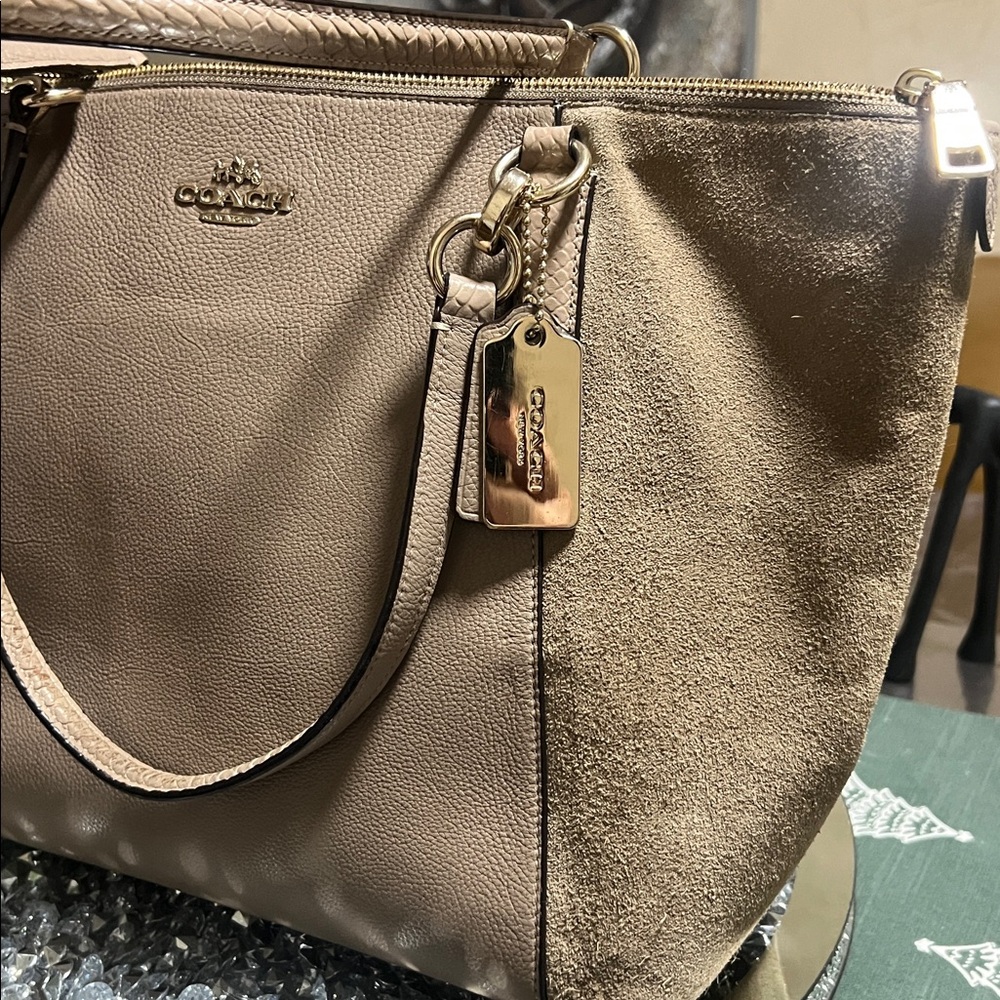 COACH Exotic Trim Suede Ava Tote Bag In Stone - Picture 5 of 17